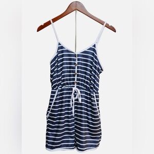 Resort Vacation Romper Drawstring Waist Striped Navy White Womens Size S